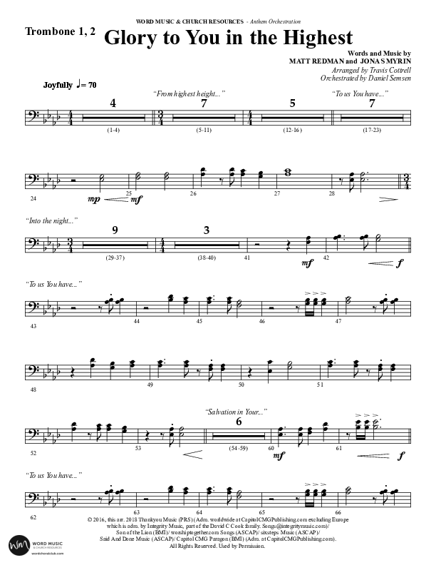 Glory To You In The Highest (O Come Let Us Adore) (Choral Anthem SATB) Trombone 1/2 (Word Music Choral / Arr. Travis Cottrell)
