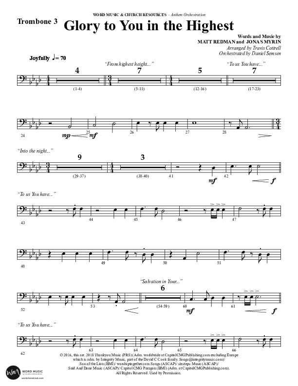 Glory To You In The Highest (O Come Let Us Adore) (Choral Anthem SATB) Trombone 3 (Word Music Choral / Arr. Travis Cottrell)