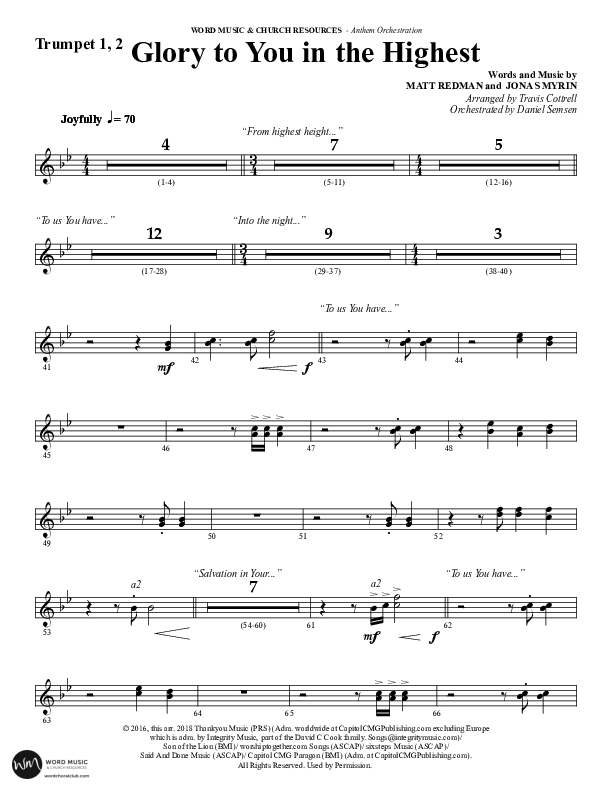 Glory To You In The Highest (O Come Let Us Adore) (Choral Anthem SATB) Trumpet 1,2 (Word Music Choral / Arr. Travis Cottrell)