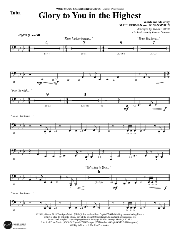 Glory To You In The Highest (O Come Let Us Adore) (Choral Anthem SATB) Tuba (Word Music Choral / Arr. Travis Cottrell)
