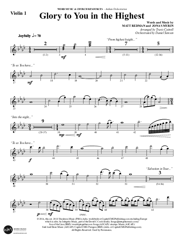 Glory To You In The Highest (O Come Let Us Adore) (Choral Anthem SATB) Violin 1 (Word Music Choral / Arr. Travis Cottrell)