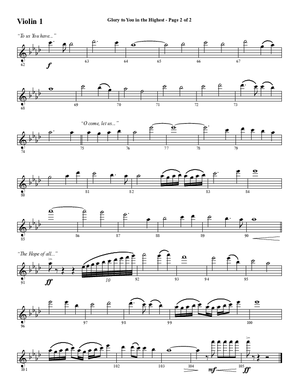 Glory To You In The Highest (O Come Let Us Adore) (Choral Anthem SATB) Violin 1 (Word Music Choral / Arr. Travis Cottrell)