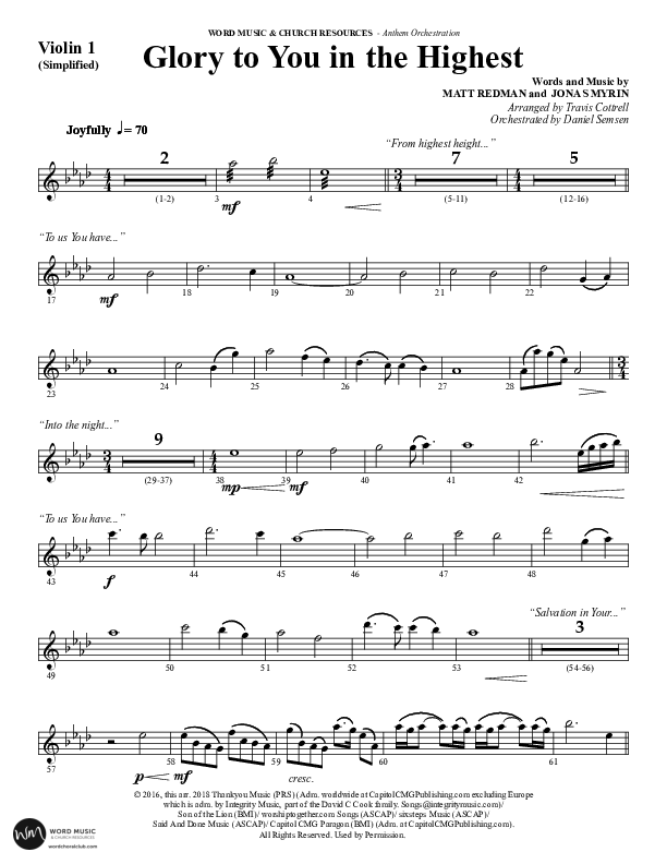 Glory To You In The Highest (O Come Let Us Adore) (Choral Anthem SATB) Violin 1 (Word Music Choral / Arr. Travis Cottrell)