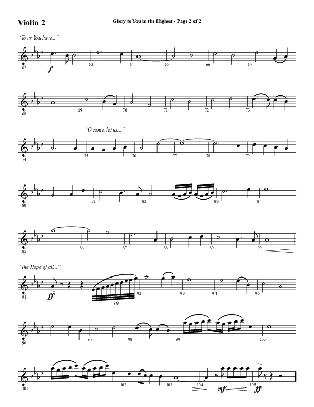 Glory To You In The Highest (O Come Let Us Adore) (Choral Anthem SATB) Violin 2 (Word Music Choral / Arr. Travis Cottrell)