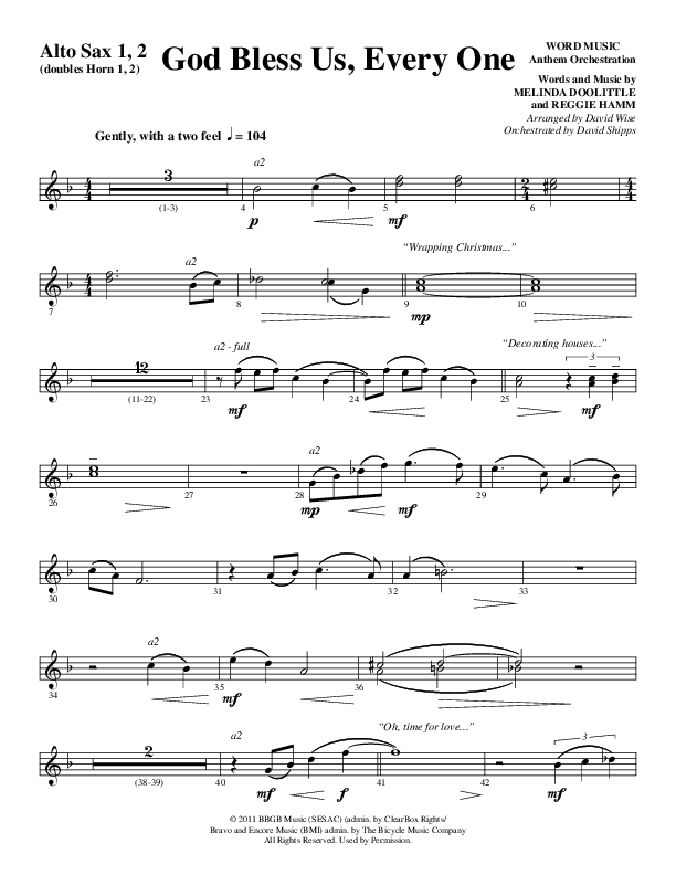God Bless Us Every One (Choral Anthem SATB) Alto Sax 1/2 (Word Music Choral / Arr. David Wise / Arr. David Shipps)