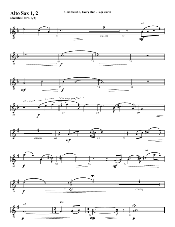 God Bless Us Every One (Choral Anthem SATB) Alto Sax 1/2 (Word Music Choral / Arr. David Wise / Arr. David Shipps)