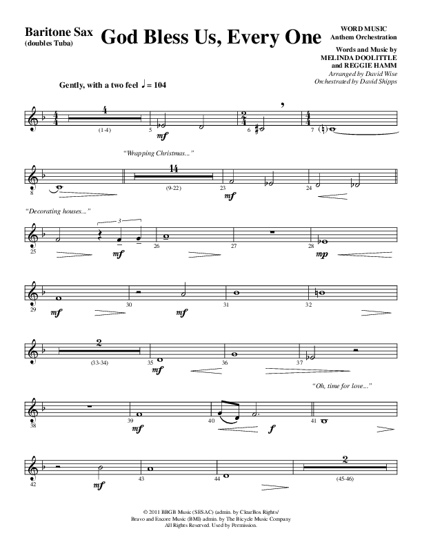 God Bless Us Every One (Choral Anthem SATB) Bari Sax (Word Music Choral / Arr. David Wise / Arr. David Shipps)