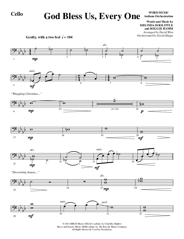 God Bless Us Every One (Choral Anthem SATB) Cello (Word Music Choral / Arr. David Wise / Arr. David Shipps)