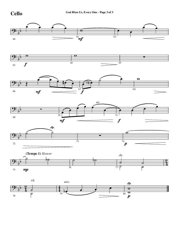 God Bless Us Every One (Choral Anthem SATB) Cello (Word Music Choral / Arr. David Wise / Arr. David Shipps)