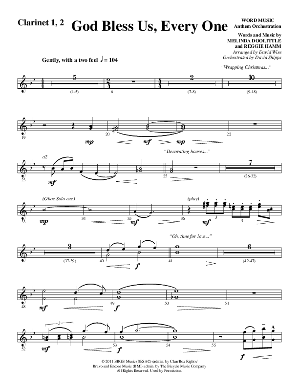 God Bless Us Every One (Choral Anthem SATB) Clarinet 1/2 (Word Music Choral / Arr. David Wise / Arr. David Shipps)