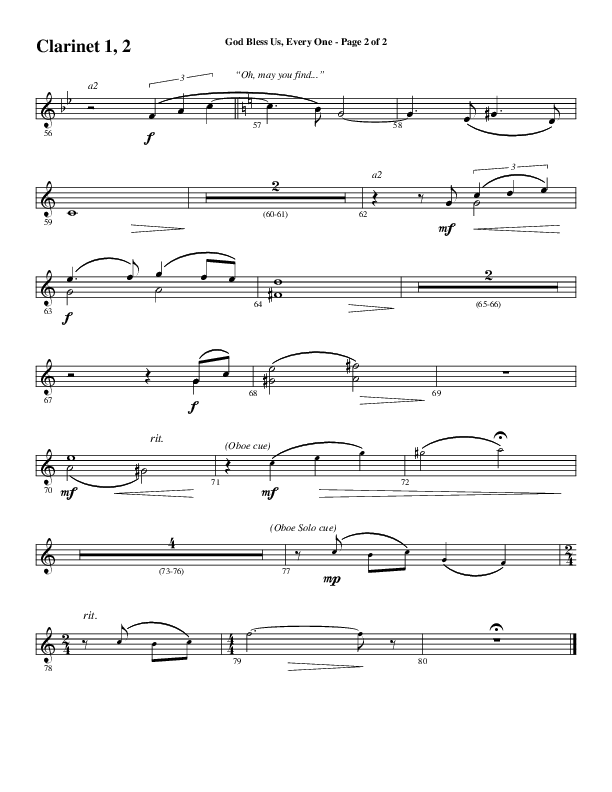 God Bless Us Every One (Choral Anthem SATB) Clarinet 1/2 (Word Music Choral / Arr. David Wise / Arr. David Shipps)