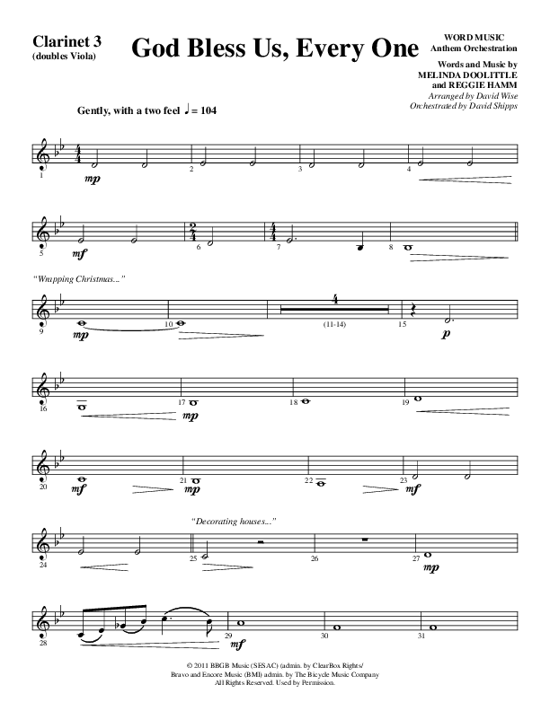 God Bless Us Every One (Choral Anthem SATB) Clarinet 3 (Word Music Choral / Arr. David Wise / Arr. David Shipps)