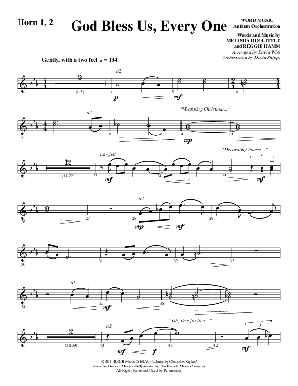 God Bless Us Every One (Choral Anthem SATB) French Horn 1/2 (Word Music Choral / Arr. David Wise / Arr. David Shipps)