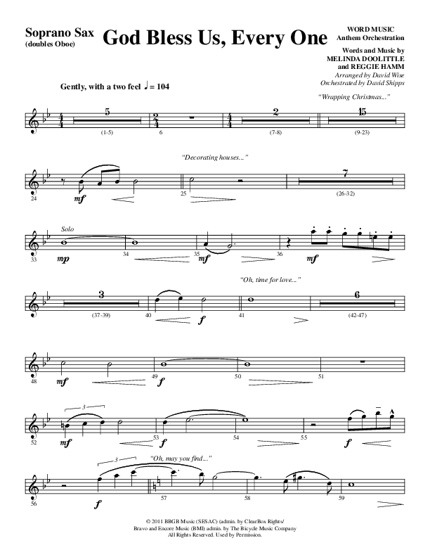 God Bless Us Every One (Choral Anthem SATB) Soprano Sax (Word Music Choral / Arr. David Wise / Arr. David Shipps)