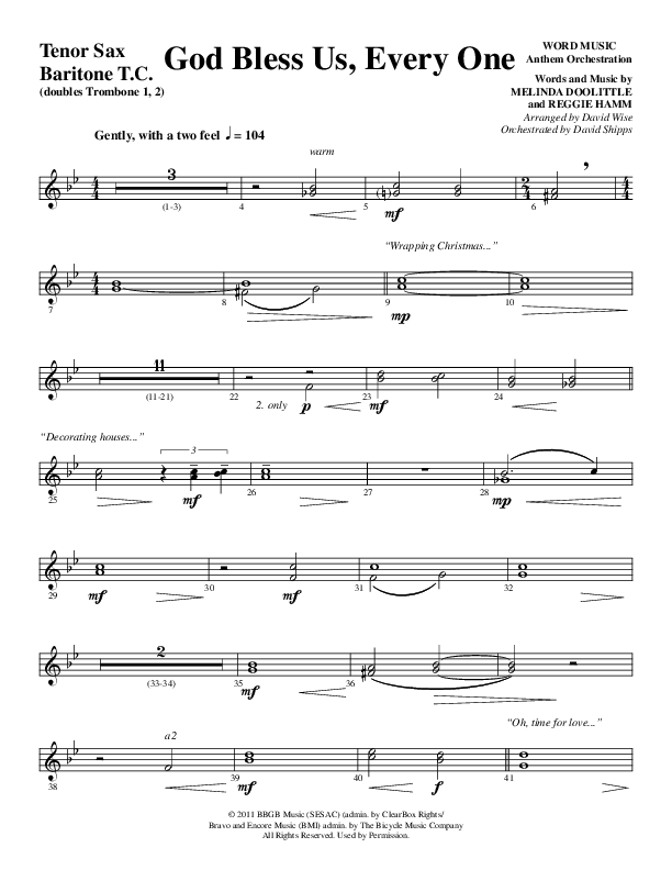 God Bless Us Every One (Choral Anthem SATB) Tenor Sax/Baritone T.C. (Word Music Choral / Arr. David Wise / Arr. David Shipps)