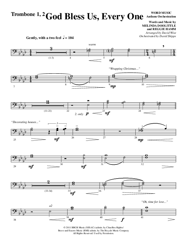 God Bless Us Every One (Choral Anthem SATB) Trombone 1/2 (Word Music Choral / Arr. David Wise / Arr. David Shipps)