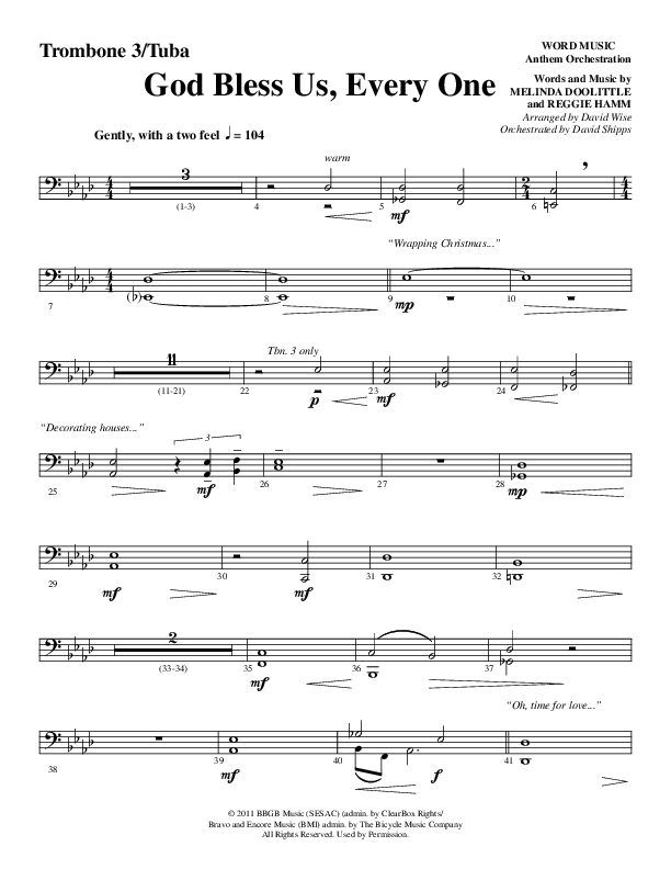 God Bless Us Every One (Choral Anthem SATB) Trombone 3/Tuba (Word Music Choral / Arr. David Wise / Arr. David Shipps)