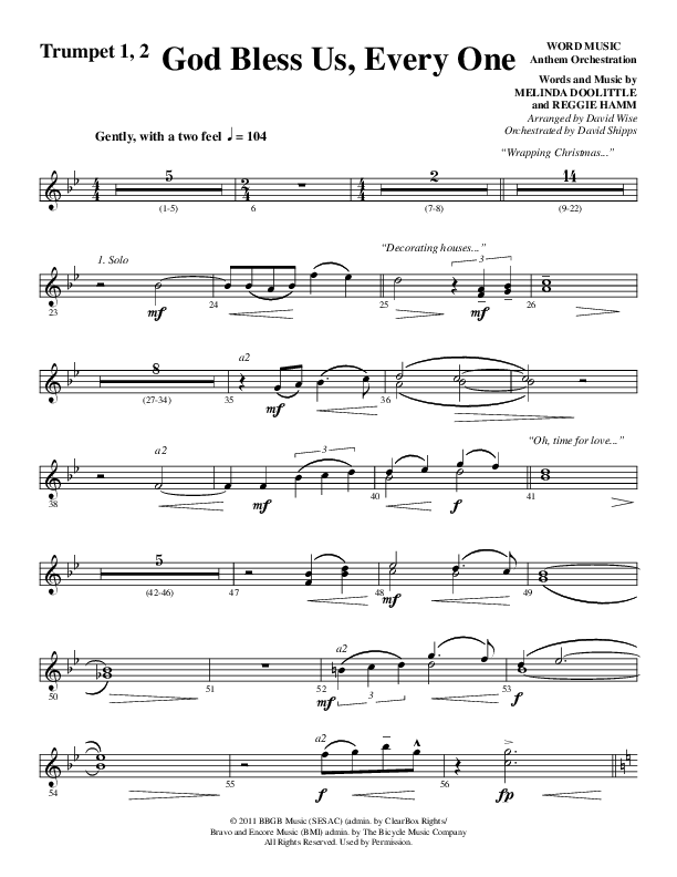 God Bless Us Every One (Choral Anthem SATB) Trumpet 1,2 (Word Music Choral / Arr. David Wise / Arr. David Shipps)