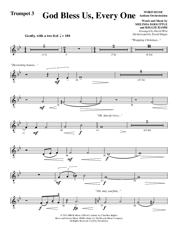 God Bless Us Every One (Choral Anthem SATB) Trumpet 3 (Word Music Choral / Arr. David Wise / Arr. David Shipps)