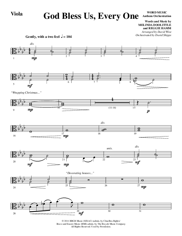 God Bless Us Every One (Choral Anthem SATB) Viola (Word Music Choral / Arr. David Wise / Arr. David Shipps)