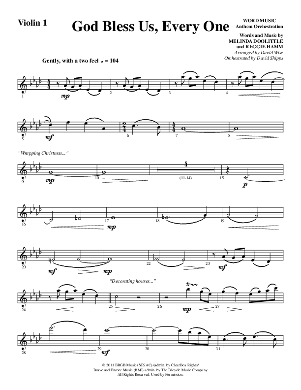 God Bless Us Every One (Choral Anthem SATB) Violin 1 (Word Music Choral / Arr. David Wise / Arr. David Shipps)