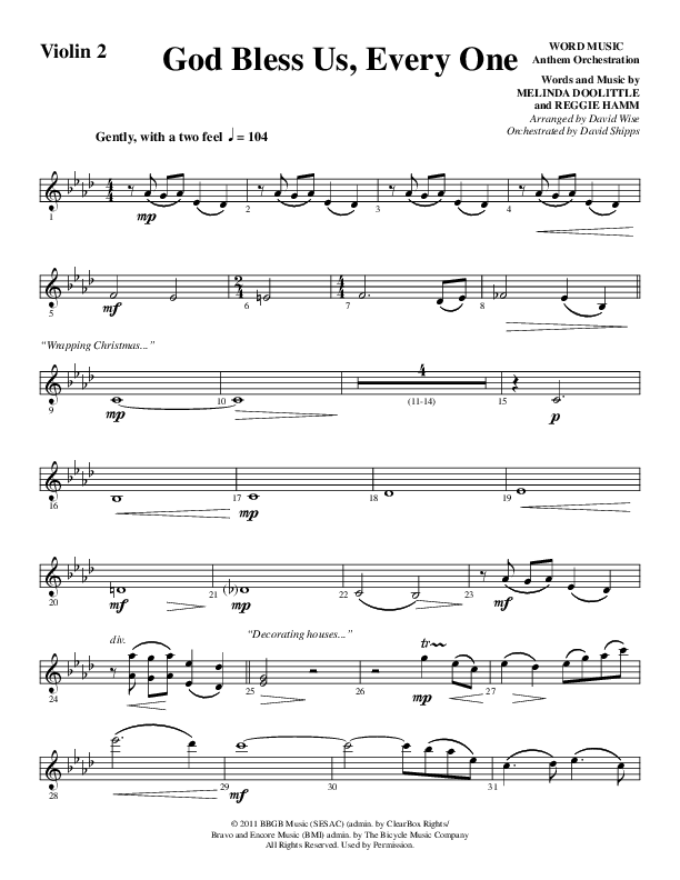 God Bless Us Every One (Choral Anthem SATB) Violin 2 (Word Music Choral / Arr. David Wise / Arr. David Shipps)