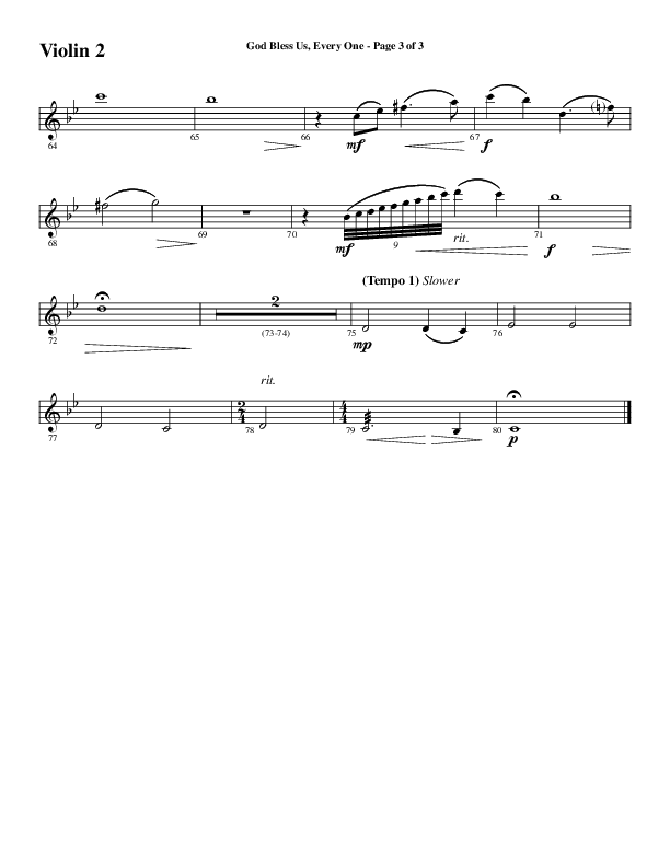 God Bless Us Every One (Choral Anthem SATB) Violin 2 (Word Music Choral / Arr. David Wise / Arr. David Shipps)