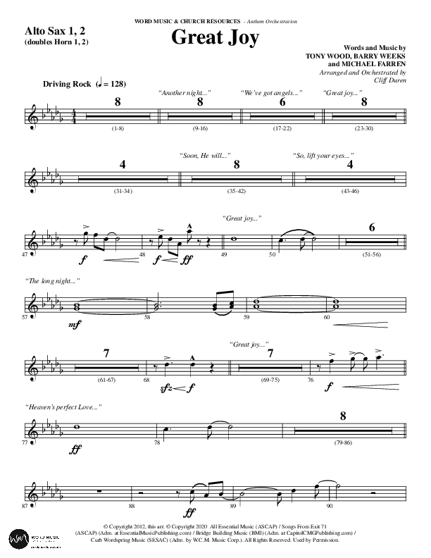 Great Joy (Choral Anthem SATB) Alto Sax 1/2 (Word Music Choral / Arr. Cliff Duren)