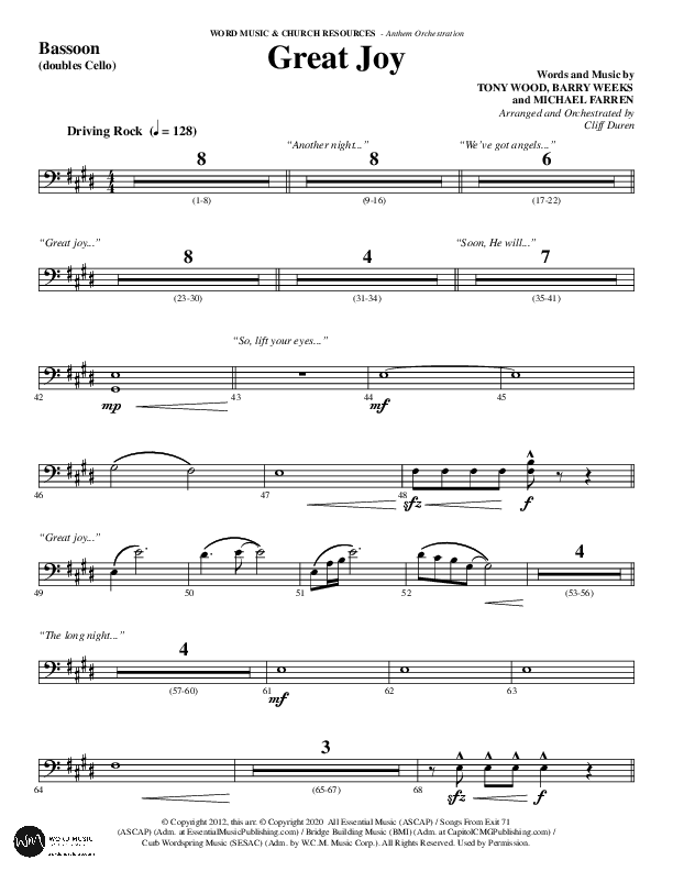 Great Joy (Choral Anthem SATB) Bassoon (Word Music Choral / Arr. Cliff Duren)
