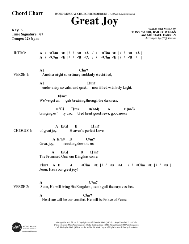 Great Joy (Choral Anthem SATB) Chord Chart (Word Music Choral / Arr. Cliff Duren)