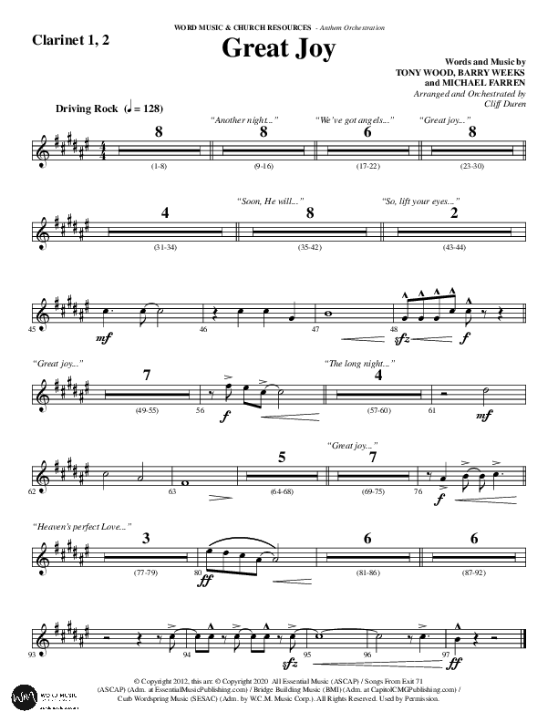 Great Joy (Choral Anthem SATB) Clarinet 1/2 (Word Music Choral / Arr. Cliff Duren)