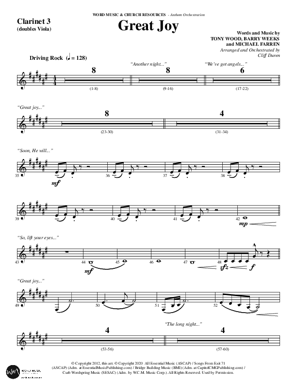 Great Joy (Choral Anthem SATB) Clarinet 3 (Word Music Choral / Arr. Cliff Duren)