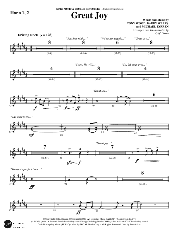 Great Joy (Choral Anthem SATB) French Horn 1/2 (Word Music Choral / Arr. Cliff Duren)