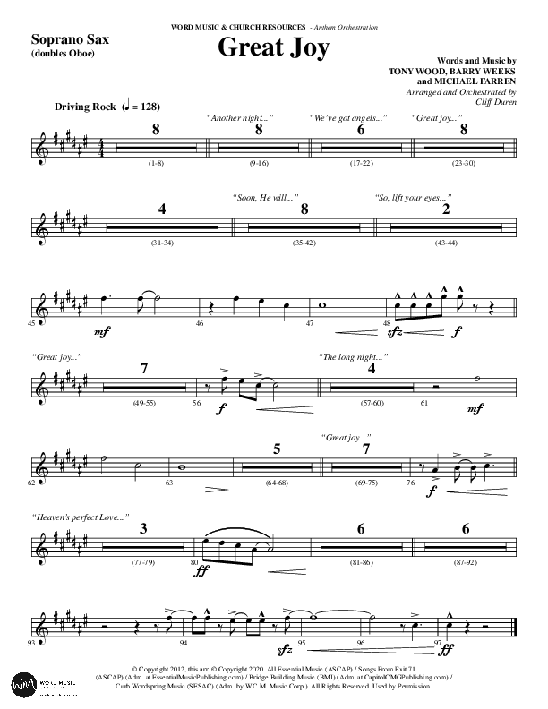 Great Joy (Choral Anthem SATB) Soprano Sax (Word Music Choral / Arr. Cliff Duren)