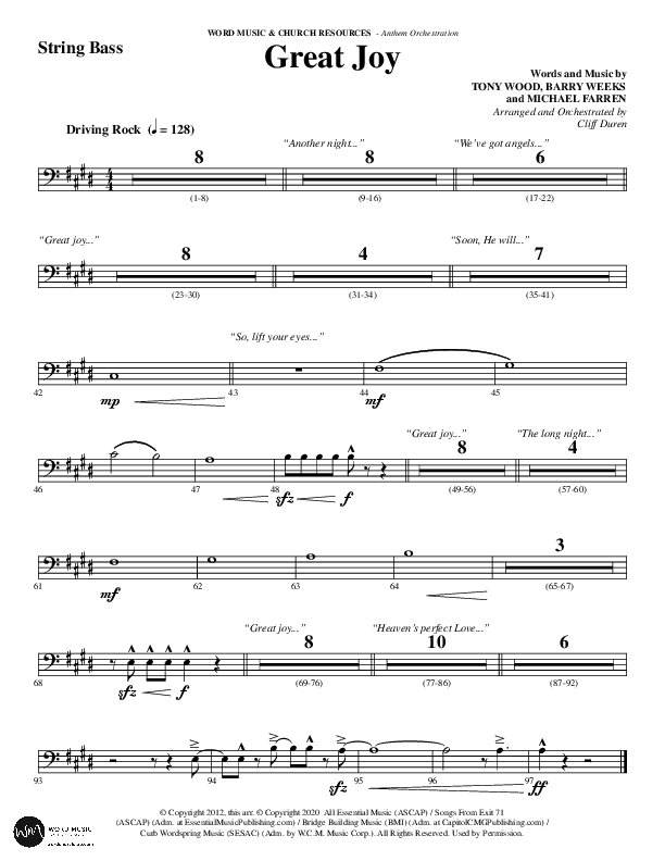 Great Joy (Choral Anthem SATB) String Bass (Word Music Choral / Arr. Cliff Duren)