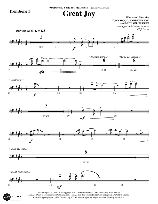 Great Joy (Choral Anthem SATB) Trombone 3 (Word Music Choral / Arr. Cliff Duren)