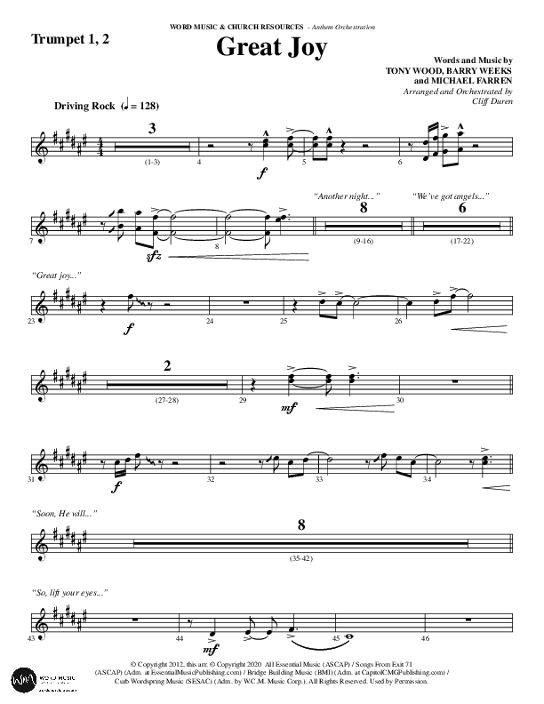 Great Joy (Choral Anthem SATB) Trumpet 1,2 (Word Music Choral / Arr. Cliff Duren)