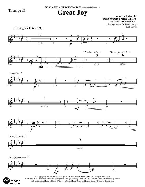 Great Joy (Choral Anthem SATB) Trumpet 3 (Word Music Choral / Arr. Cliff Duren)