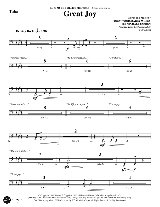Great Joy (Choral Anthem SATB) Tuba (Word Music Choral / Arr. Cliff Duren)