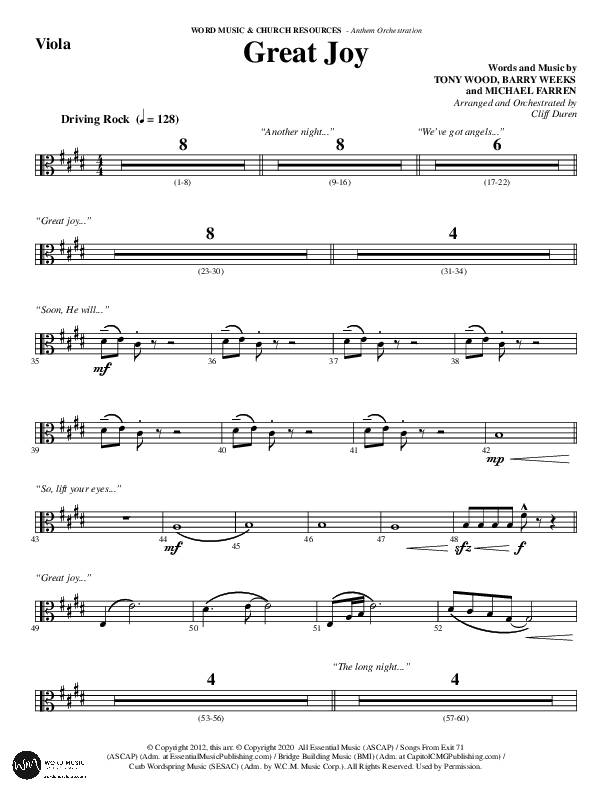Great Joy (Choral Anthem SATB) Viola (Word Music Choral / Arr. Cliff Duren)