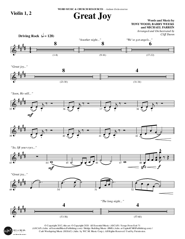 Great Joy (Choral Anthem SATB) Violin 1/2 (Word Music Choral / Arr. Cliff Duren)