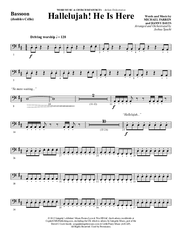 Hallelujah He Is Here (Choral Anthem SATB) Bassoon (Word Music Choral / Arr. Joshua Spacht)