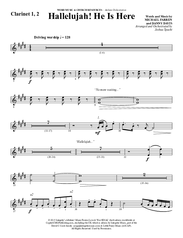 Hallelujah He Is Here (Choral Anthem SATB) Clarinet 1/2 (Word Music Choral / Arr. Joshua Spacht)