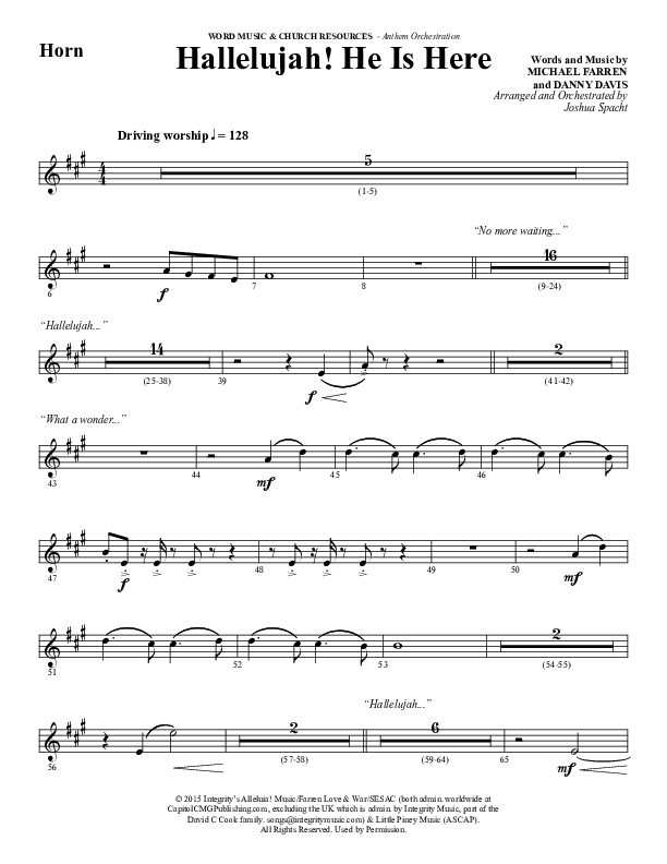 Hallelujah He Is Here (Choral Anthem SATB) French Horn 1/2 (Word Music Choral / Arr. Joshua Spacht)