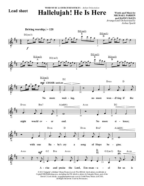 Hallelujah He Is Here (Choral Anthem SATB) Lead Sheet (Melody) (Word Music Choral / Arr. Joshua Spacht)