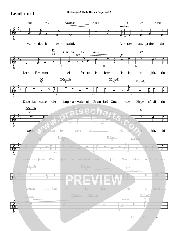 Hallelujah He Is Here (Choral Anthem SATB) Lead Sheet (Melody) (Word Music Choral / Arr. Joshua Spacht)
