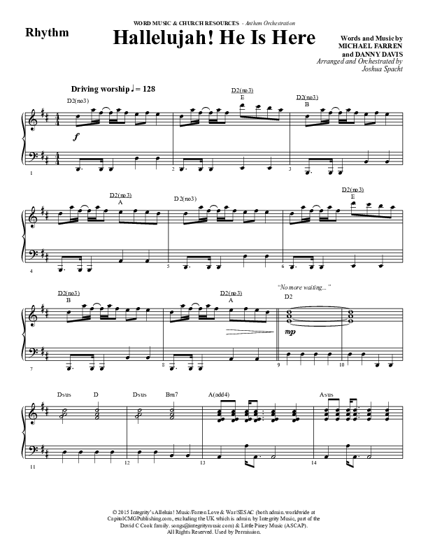 Hallelujah He Is Here (Choral Anthem SATB) Rhythm Chart (Word Music Choral / Arr. Joshua Spacht)