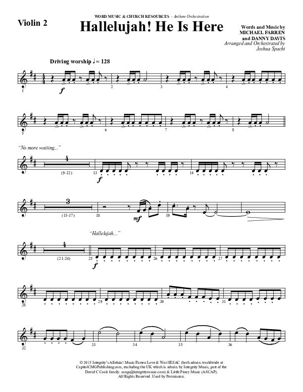 Hallelujah He Is Here (Choral Anthem SATB) Violin 2 (Word Music Choral / Arr. Joshua Spacht)