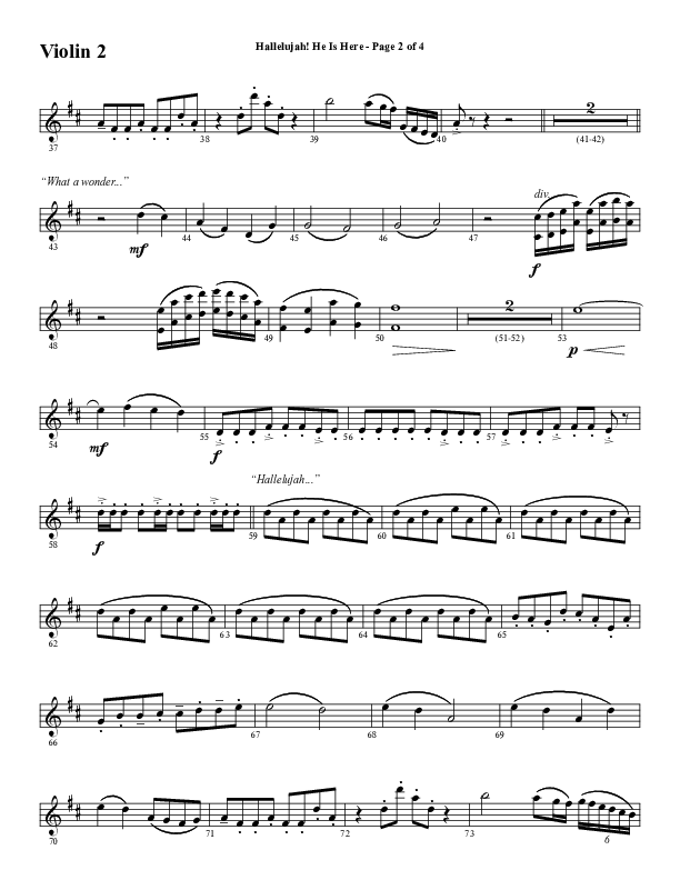 Hallelujah He Is Here (Choral Anthem SATB) Violin 2 (Word Music Choral / Arr. Joshua Spacht)