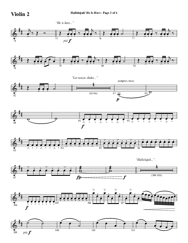 Hallelujah He Is Here (Choral Anthem SATB) Violin 2 (Word Music Choral / Arr. Joshua Spacht)
